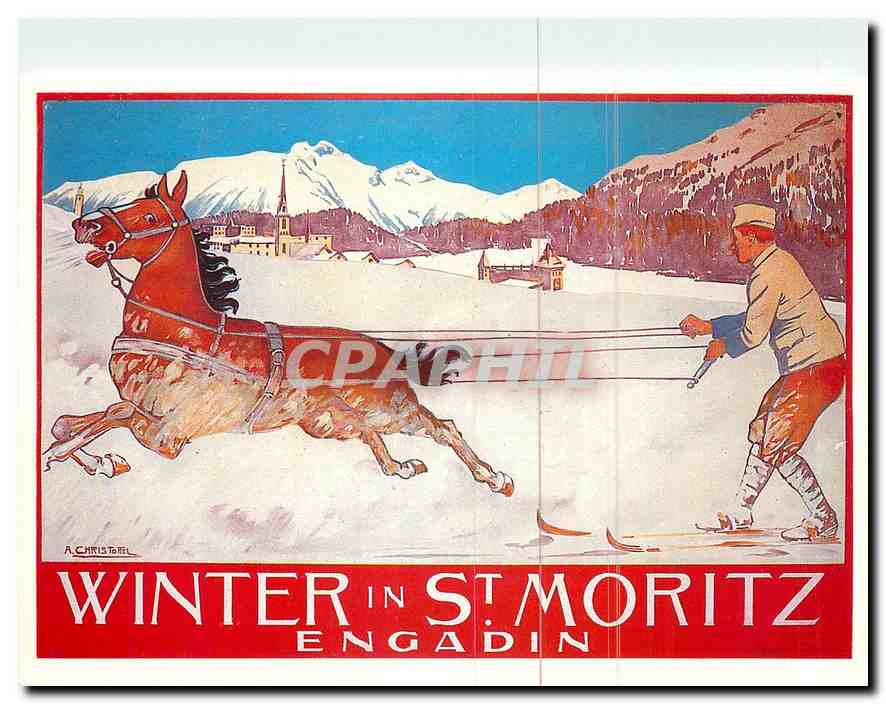 CPM Winter in St Mortiz Engandin Ski Cheval
