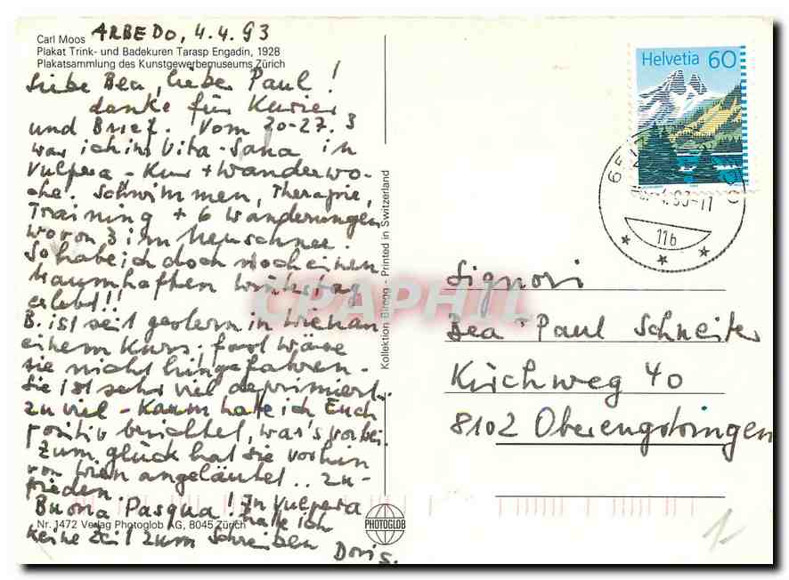 CPM Les Sources et Bains de Tarasp Engadine Carl Moos  — Rückseite