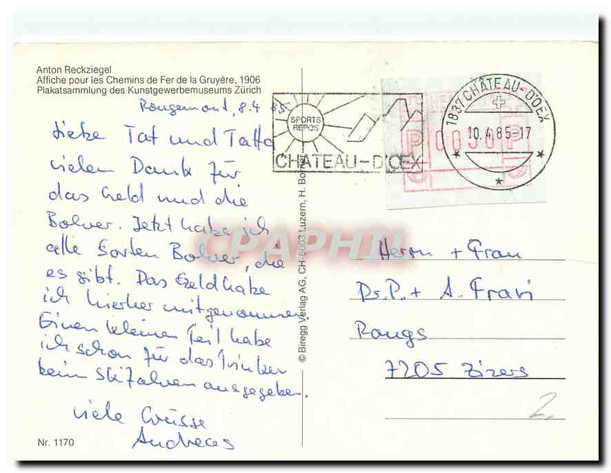 CPM Suisse Chemins de fer electriques de la Gruyere Anton Reckziegel  — Verso