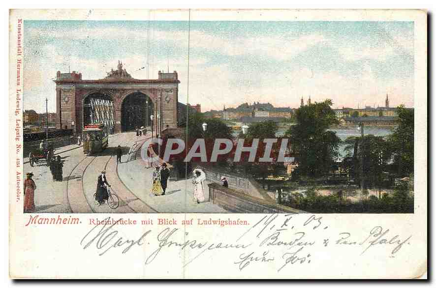 CPA Mannheim Rheinbrucke mit Blick auf Ludwigshafen Tramway