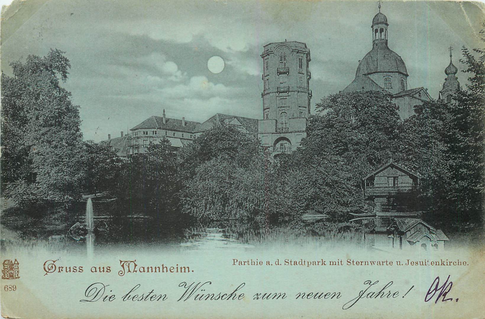 CPA Gruss aus Mannheim Partie a d Stadtpark mit Sternwarte n Jesuitenkirche (carte 1899)