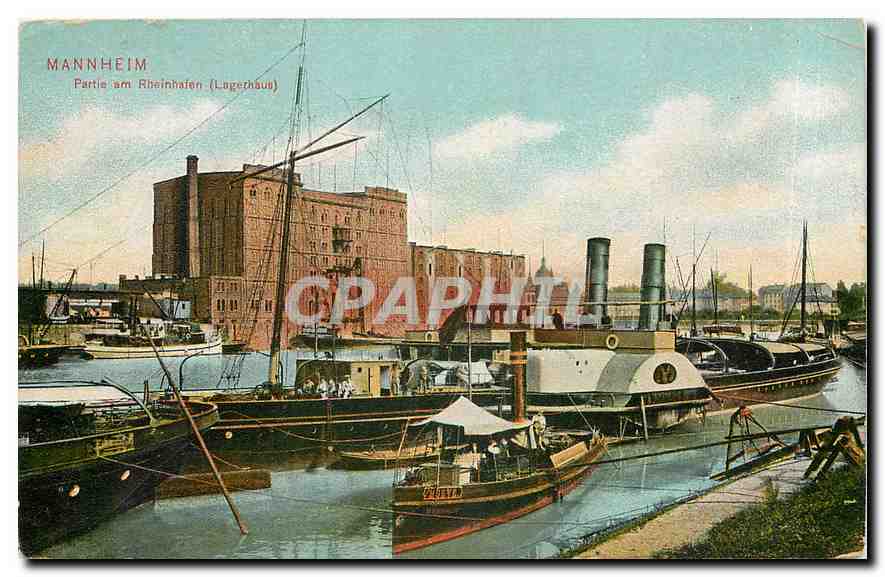 CPA Mannheim Partie am Rheinhafen Lagerhaus Bateaux