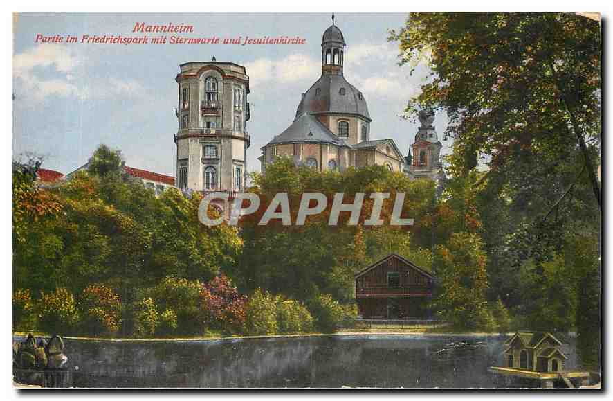 CPA Mannheim Partie im Friedrichspark mit Sternwarte und Jesuitenkirche 