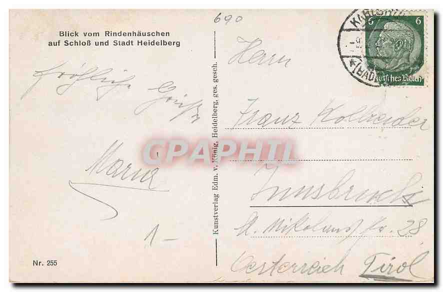 CPA Blick vom Rindenhauschen auf Schloss und Stadt Heidelberg  — Rückseite