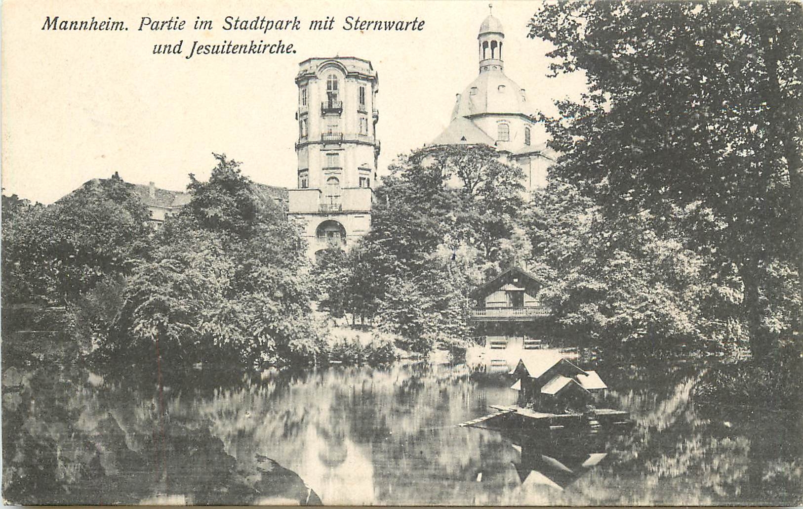CPA Mannheim Partie im Stadtpark mit Sternwarte und Jesuitenkirche 