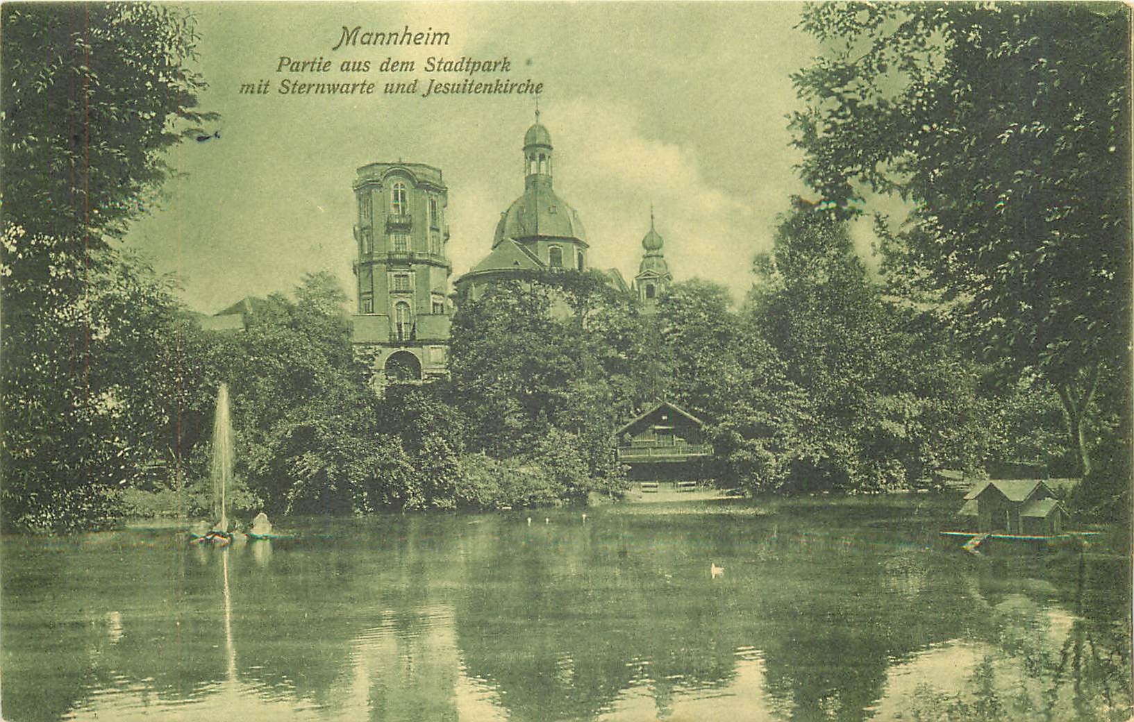 CPA Mannheim Partie aus dem Stadtpark mit Sternwarte und Jesuitenkirche 