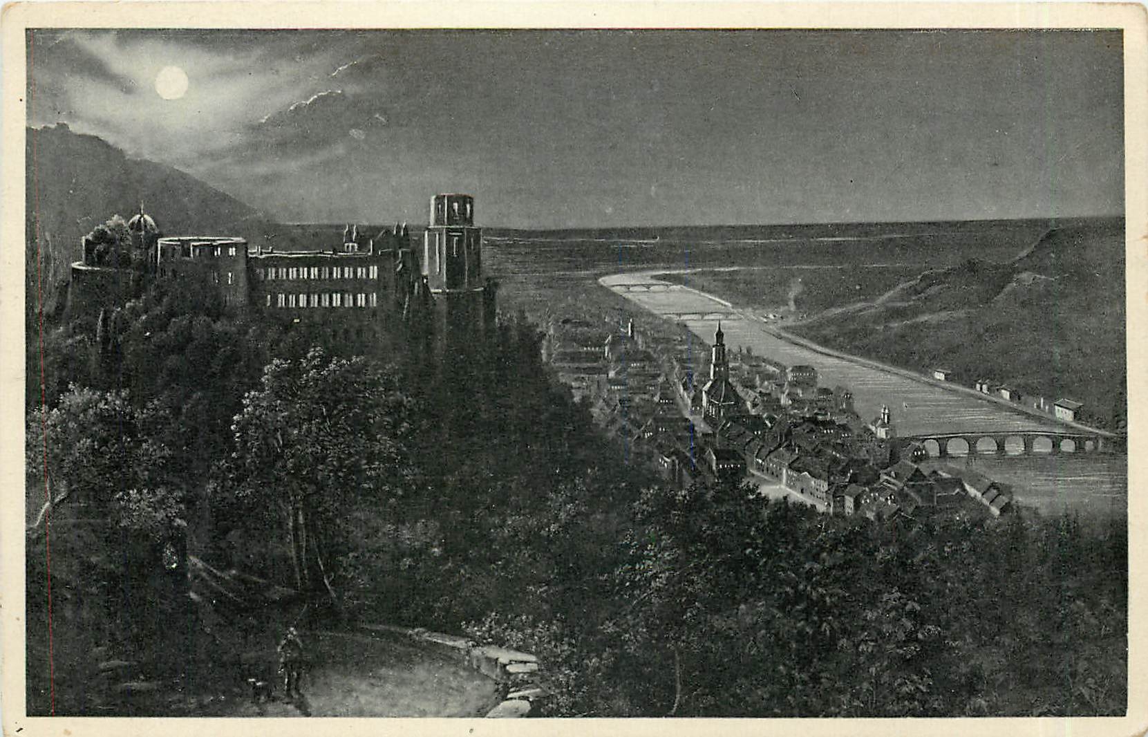 CPA Heidelberg vom Wolfsbrunnenweg gesehen bei Mondschein 