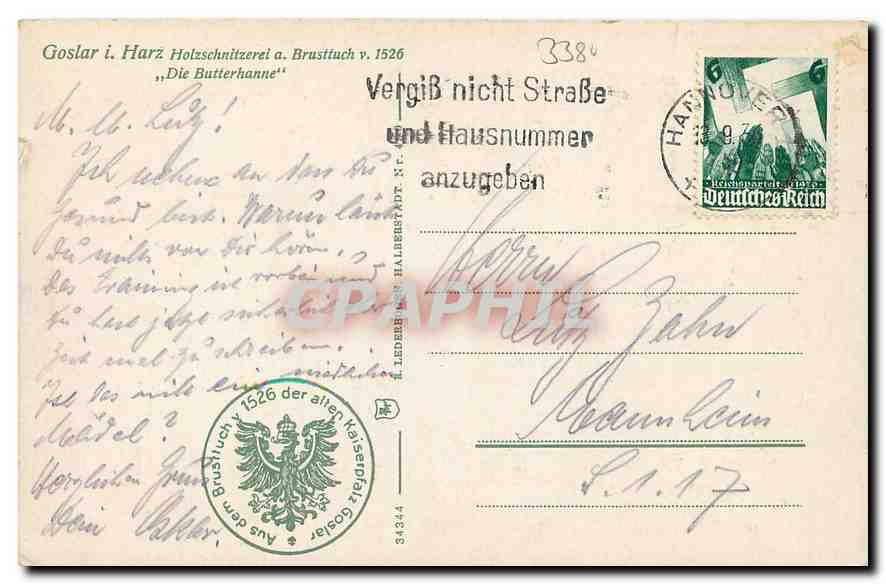 CPA Goslar i Harz Holzschnitzerel a Brusttuch 1526 Die Butterhanne  — Rückseite