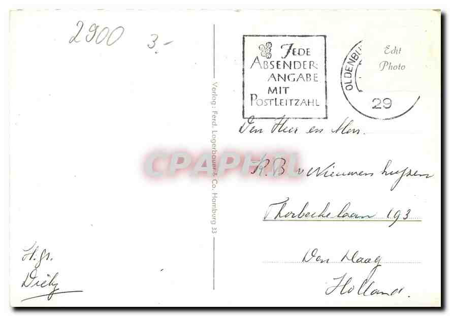 Oldenburg i. Oldbg. — Vue panoramique — Verlag: Ferd. Lügerbauer & Co. Hamburg 33 — Rückseite
