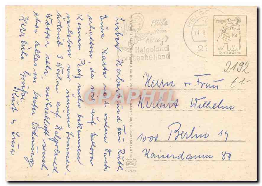 Helgoland — Lieu/Sujet principal — éditeur : Milde & Co. KG, n° de série 2192 — Rückseite