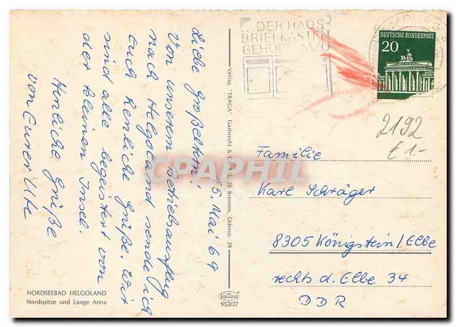 Nordseebad Helgoland — Nordspitze und Lange Anna — Verlag 'M.A.C.A., Gaffrath & Co., 28 Bremen Oderstr. 39 — Rückseite