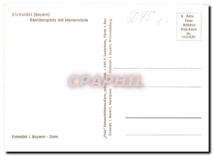 CPM Eichstatt Bayern Residenzplatz mit Mariensaule  — Rückseite
