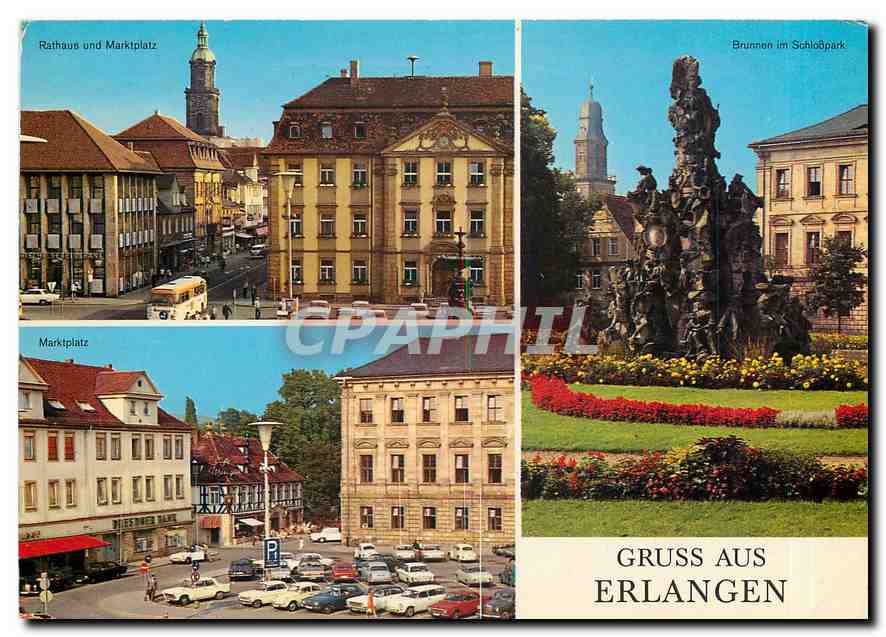 CPM Gruss aus Erlangen Rathaus und Marktplatz Brunnen im Schlosspark Marktplatz 