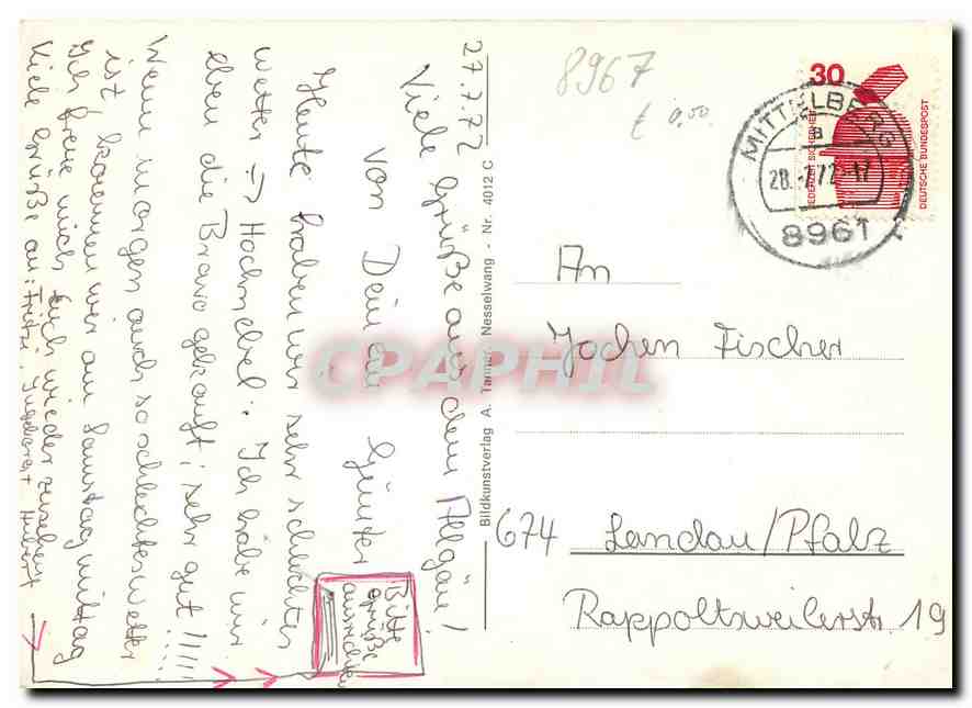 CPM Gruss aus Mittelberg im Allgau  — Rückseite