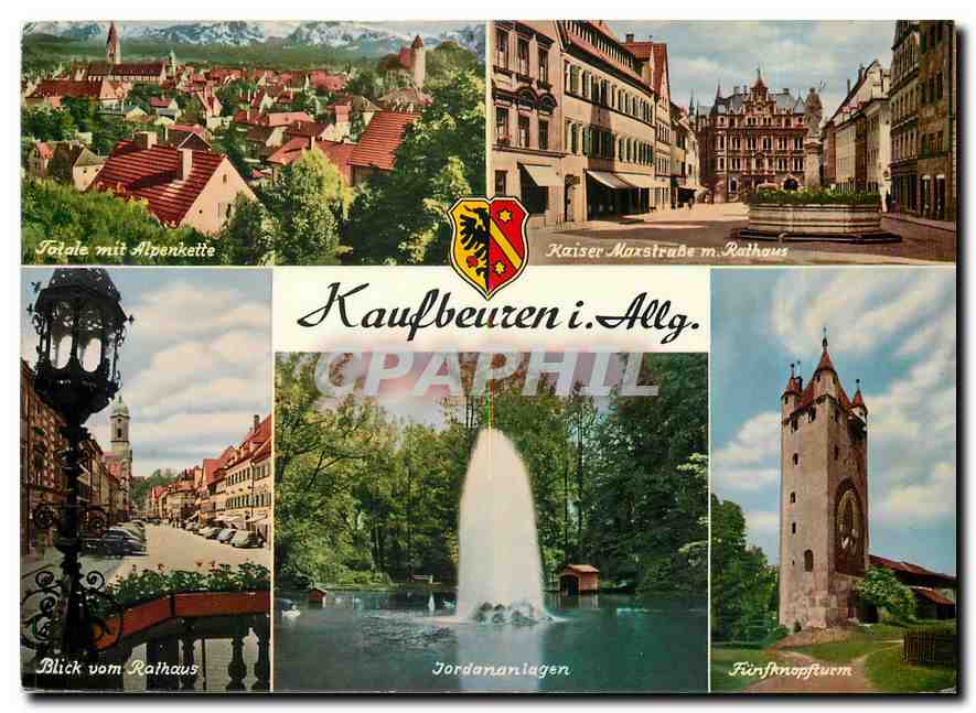 CPM Kaufbeuren i Allgau Totale mit Alpenkette Kaiser Maxstrusse m Rathaus 