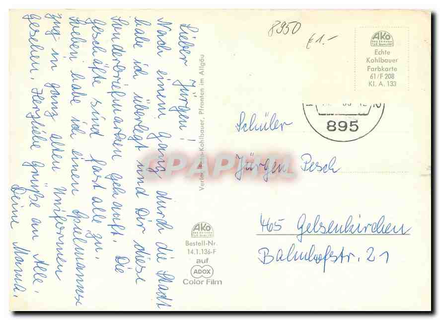 CPM Kaufbeuren i Allgau Totale mit Alpenkette Kaiser Maxstrusse m Rathaus  — Rückseite