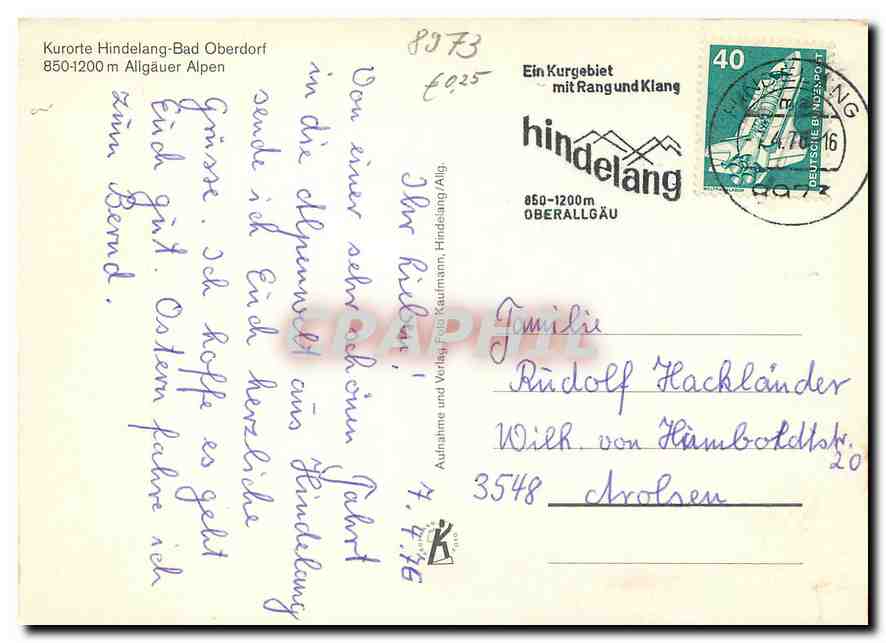 CPM Kurorte Hindelang Bad Oberdorf Allgauer Alpen  — Back