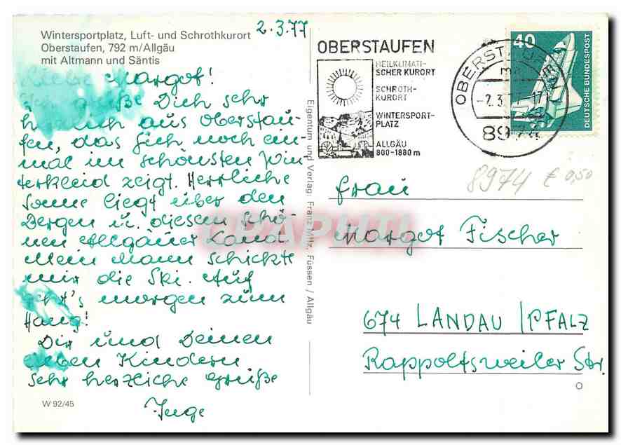 CPM Wintersportplatz Luft und Schrothkurort Oberstaufen Allgau mit Altmann und Santis  — Rückseite