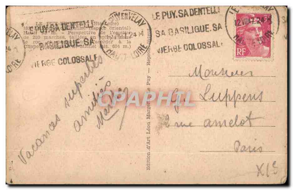 Puy en Velay CPA Rocher d'aiguille — Rückseite