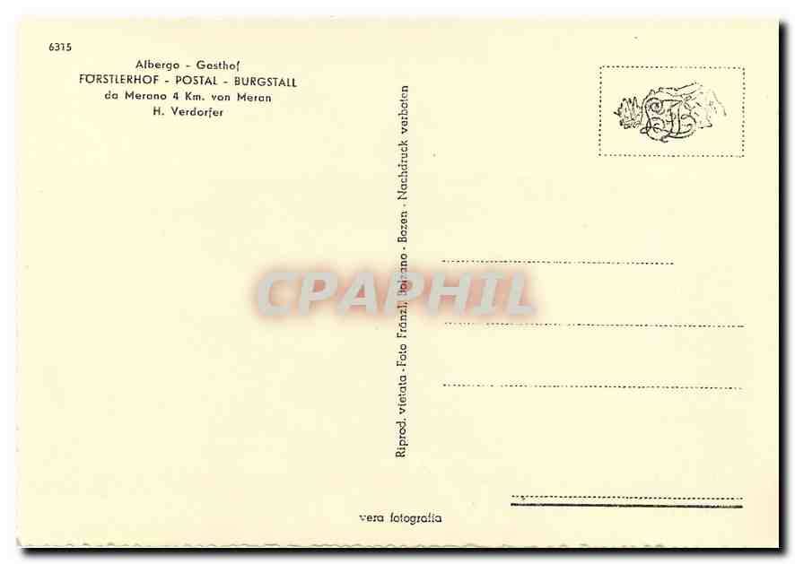 CPM Albergo Gasthof Furstlerhof Postal Burgstall de Merano von Meran H Verdorfer  — Rückseite