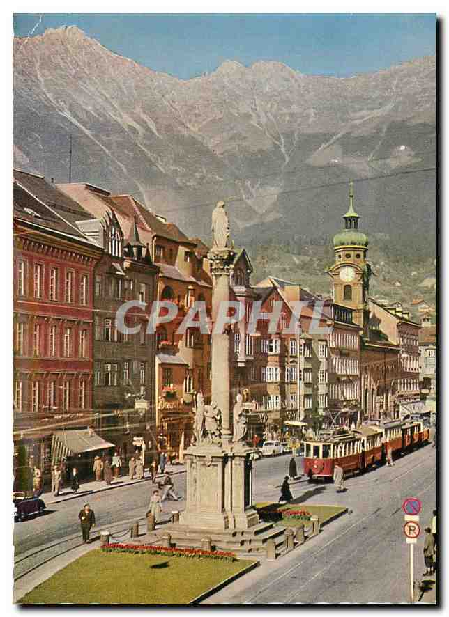 CPM Innsbruck Maria Theresian Strasse mit Nordkette Aufnahme Agfacolor Tramway