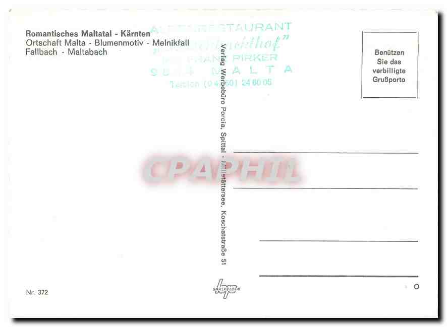 CPM Romantisches Maltatal Karnten Ortschaft Malta Blumenmotiv Melnikfall Fallbach Maltabach  — Rückseite