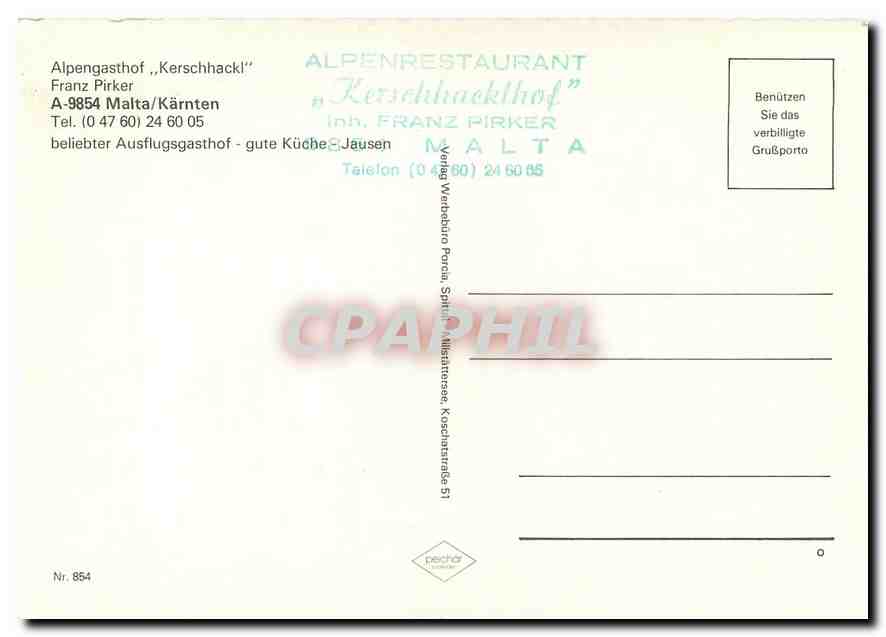 CPM Alpengasthof Kerschhackl Franz Pirker Malta Karnten  — Rückseite