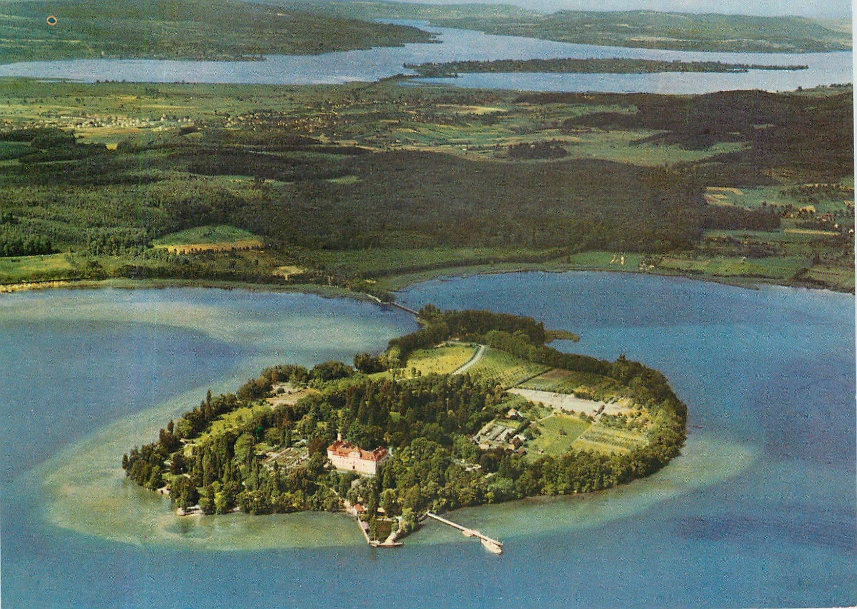 CPM Insel Mainau im Bodensee im Hintergrund Insel Reichenau im Untersee und Ausfluss des Rheins 