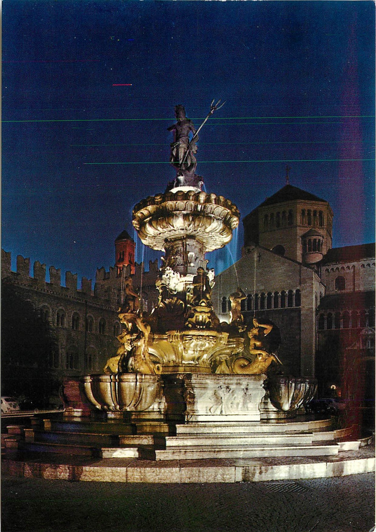 CPM Trento Piazza Duomo Fontaine du Nettuno nocturne 