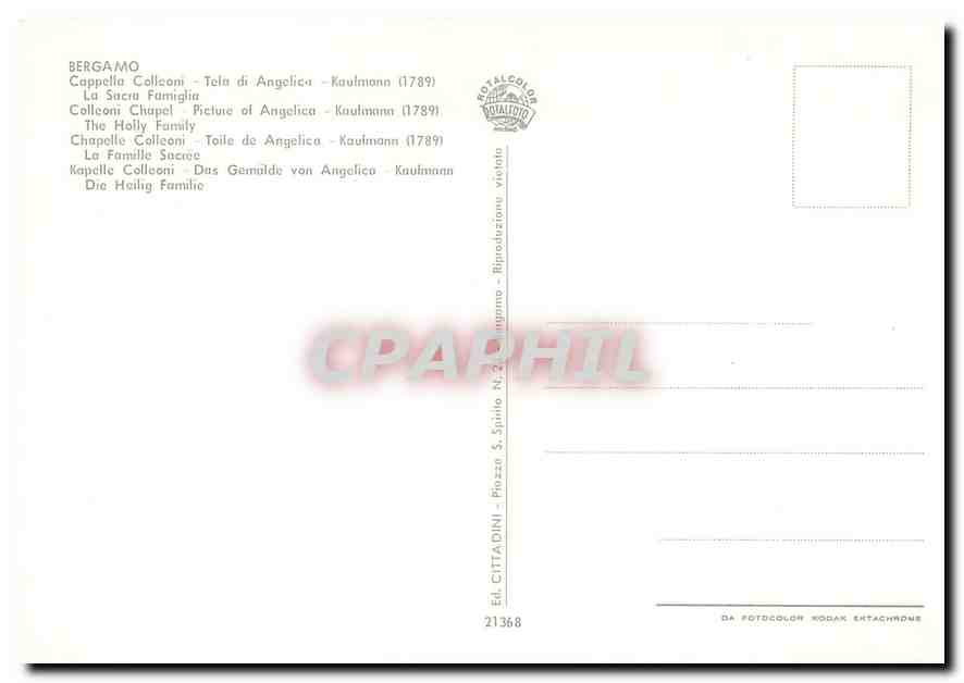 CPM Bergamo Chapelle Celleoni Toile de Angelica Kaulmann La Famile Sacree  — Rückseite