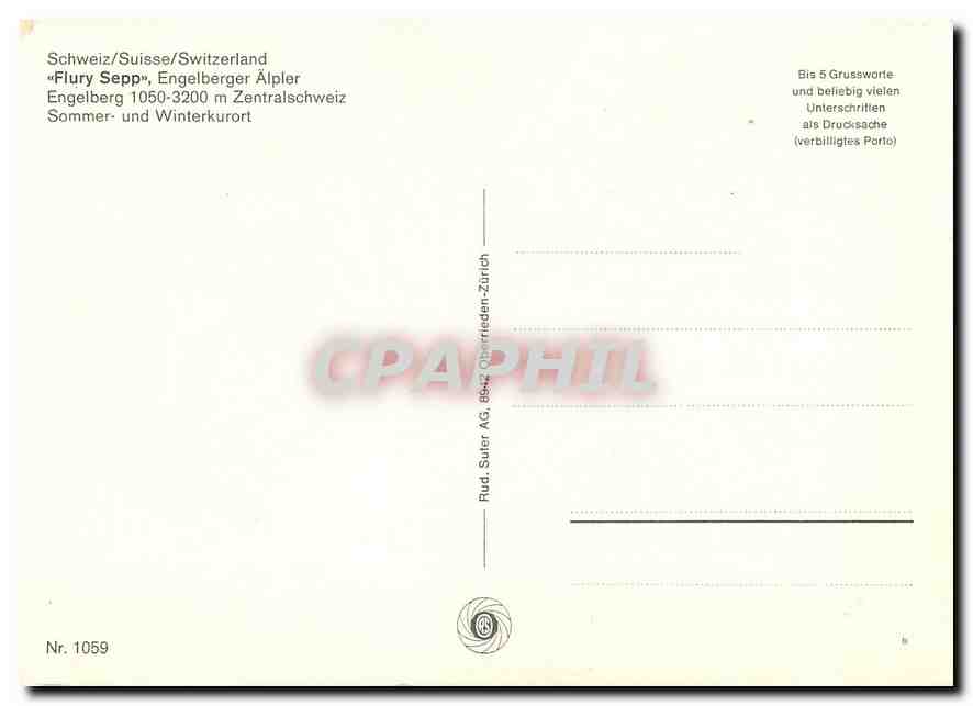 CPM Schweiz Flury Sepp Engelberg Zentralschweiz Sommer und Winterkurort  — Rückseite