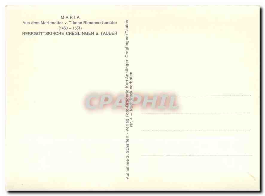 CPM Maria Aus dem Marienaltar v Tilman Riemenschnaider  — Rückseite