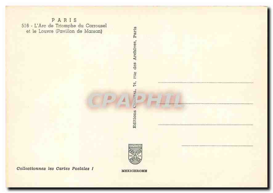 CPM Paris L'Arc de Triomphe du Carrousel et le Louvre Pavillon de Marsan  — Rückseite