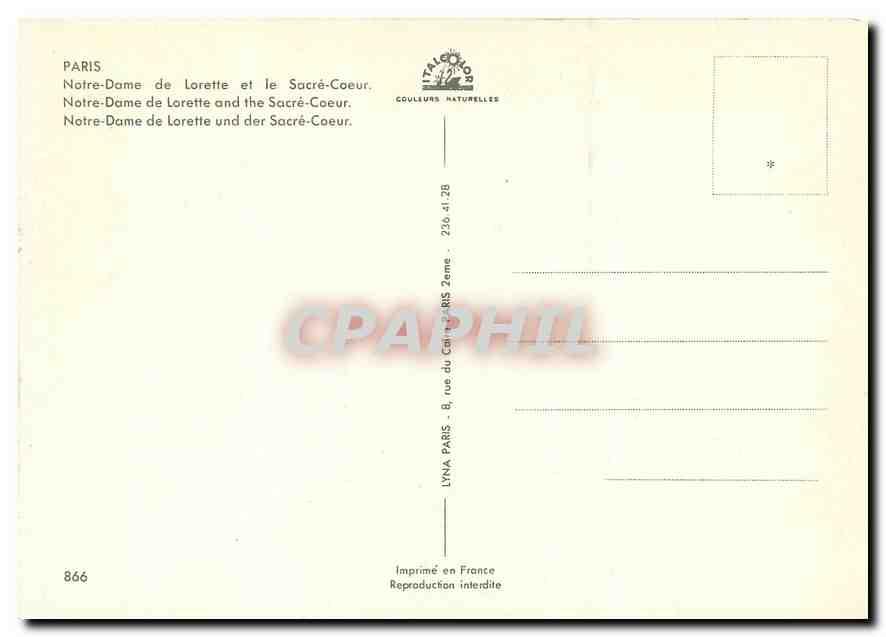 CPM Paris Notre Dame de Lorette et le Sacre Coeur  — Verso
