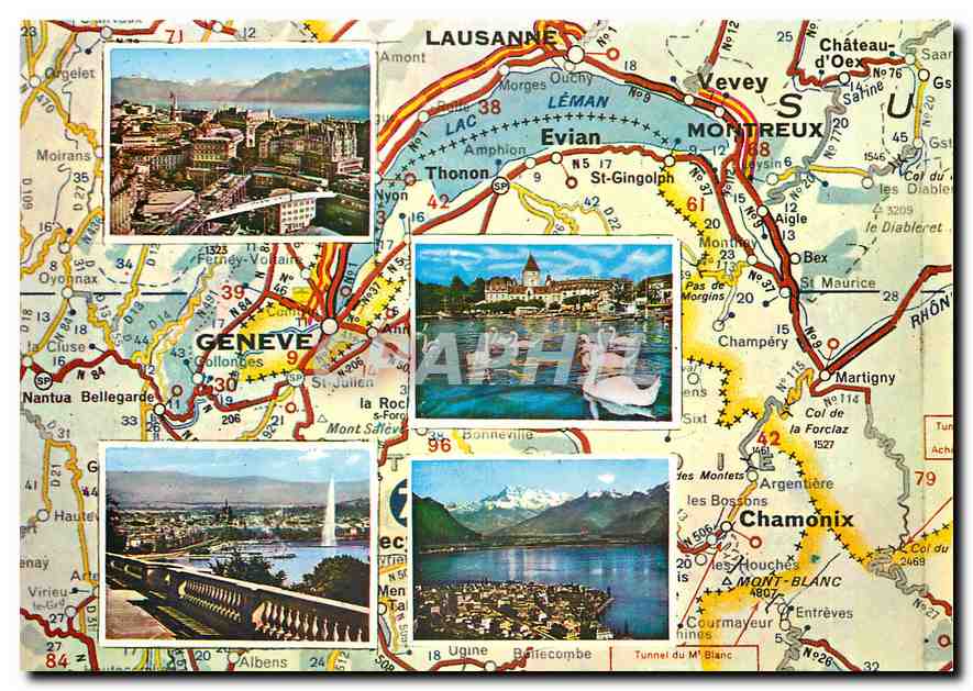 CPM Carte du Lac Leman Avec vues de Lausanne Ouchy Geneve et Montreux 