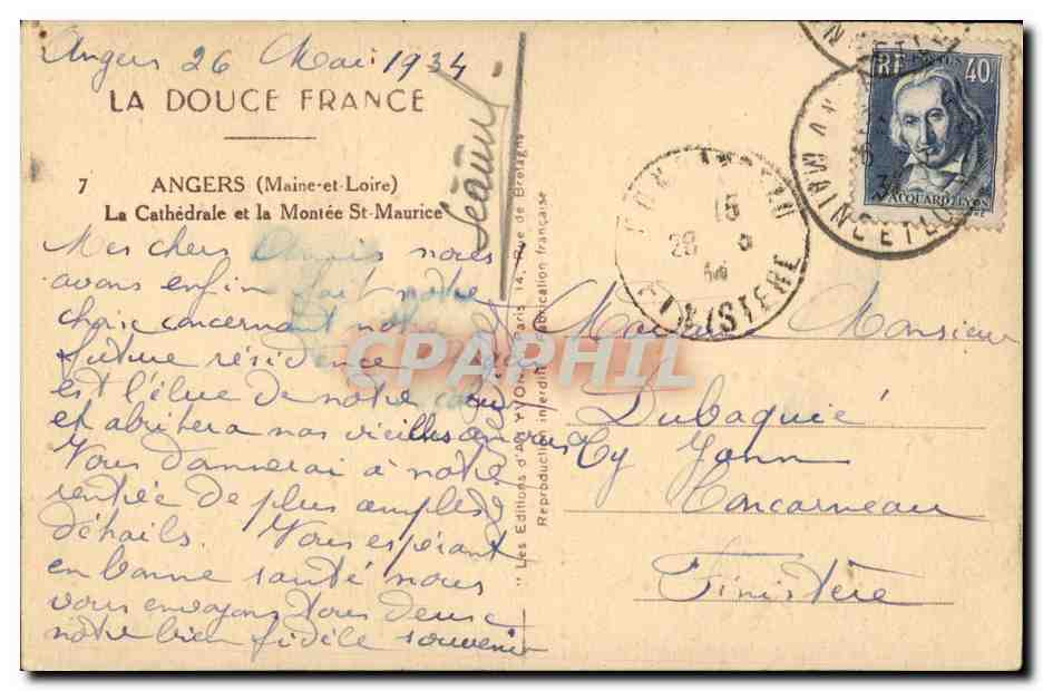 Angers CPA La cathedrale et la montee St maurice (timbre Jacquard lyon) — Back