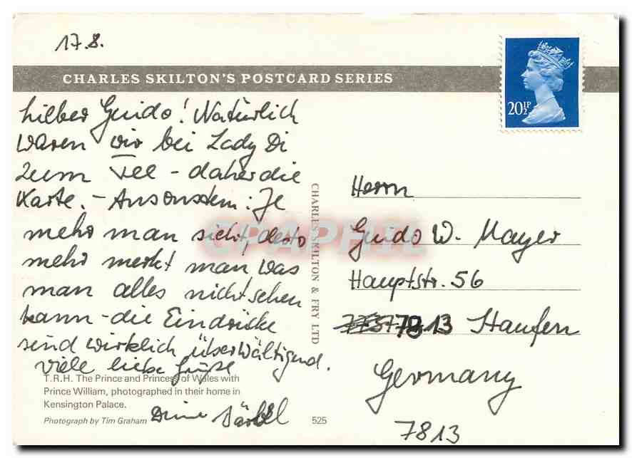 La famille royale britannique — Prince Charles, Lady Diana et le prince William — Charles Skilton's Postcard Series n°525 — Verso