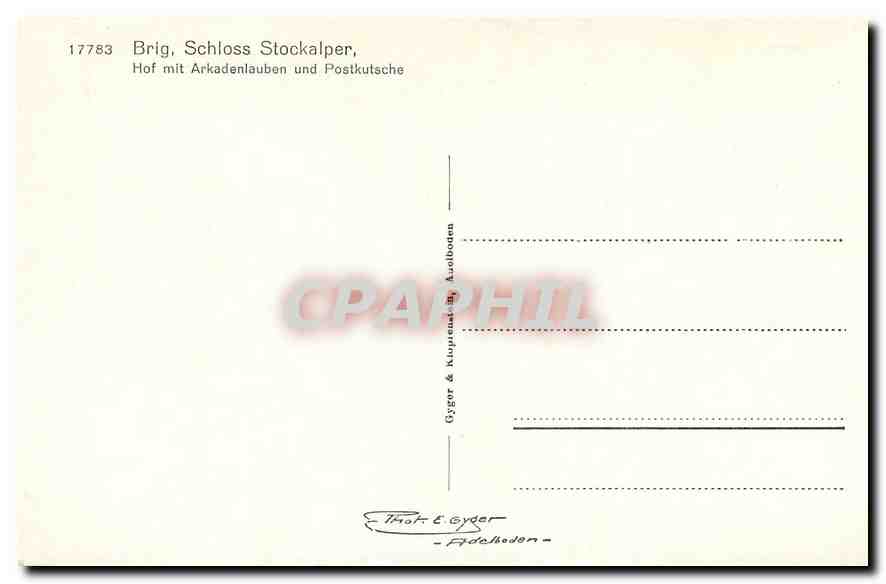 CPM Brig Schloss Stockalper Hof mit Arkadenlauben und Postkutsche — Rückseite