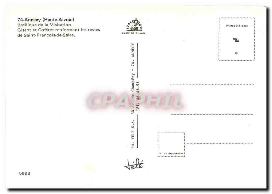 CPM Annecy Basilique de la Visitation. Gisant et Coffret renfermant les restes de Saint-Francois-de- — Rückseite