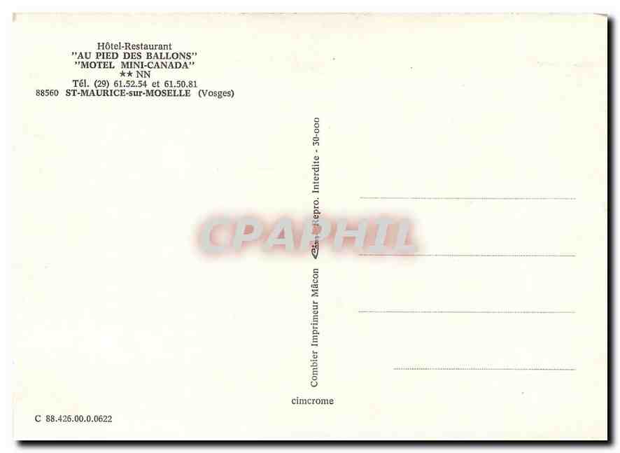 CPM "Au pieds des Ballons" "Motel Mini-Canada" St-Maurice-sur-Moselle — Verso