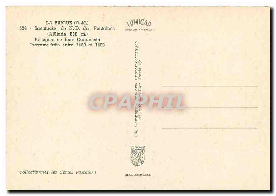 CPM La Brigue (A.M.) Sanctuaire de N.D. des Fontaines Fresques de Jean Canavesio Travaux faites entr — Verso