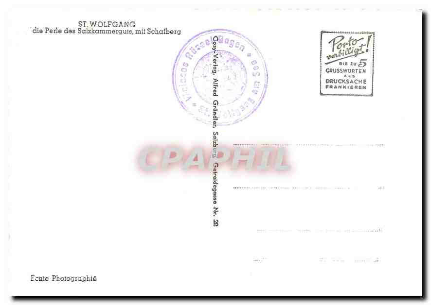 CPM St. Wolfgang die Perle des Salzkammerguts mit Schafberg — Rückseite