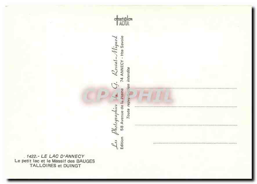Le petit lac et le Massif des Bauges — Annecy, Haute-Savoie — Édition G. Rossal-Mignot — Verso