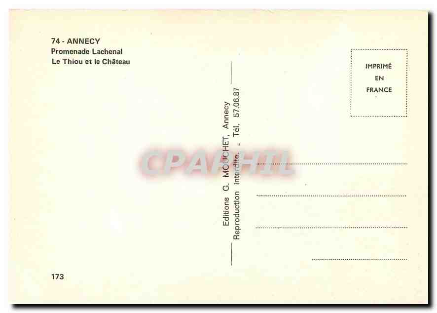 Annecy — Promenade Lachenal, Le Thiou und das Schloss — Éditions G. MUCHECHET, Annecy, Nr. 173 — Rückseite