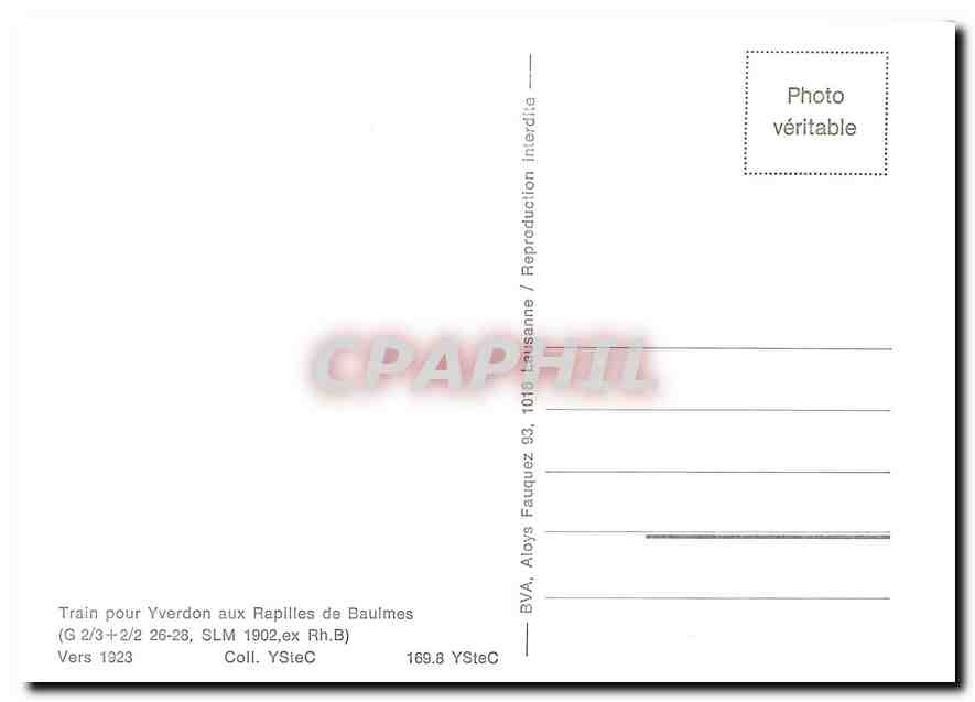 CPM Train pour Yverdon aux Rapilles de Baulmes vers 1923 — Verso