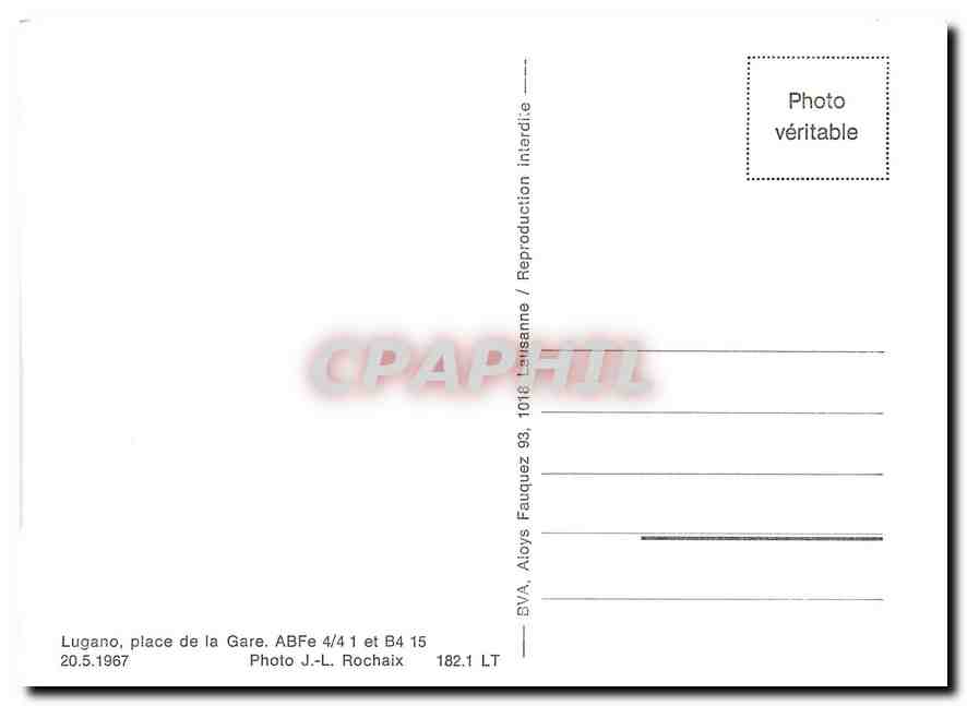 CPM Lugano palce de la Gare. ABFe 4/4 1 et B4 15 20.5.1967 — Verso