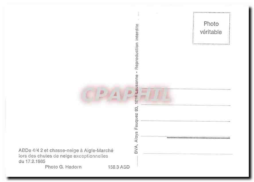 CPM ABDe 4/4 2 et chasse-neige a Aigle-Marche lors des chutes de neige exceptionelles du 17.2.1985 — Verso