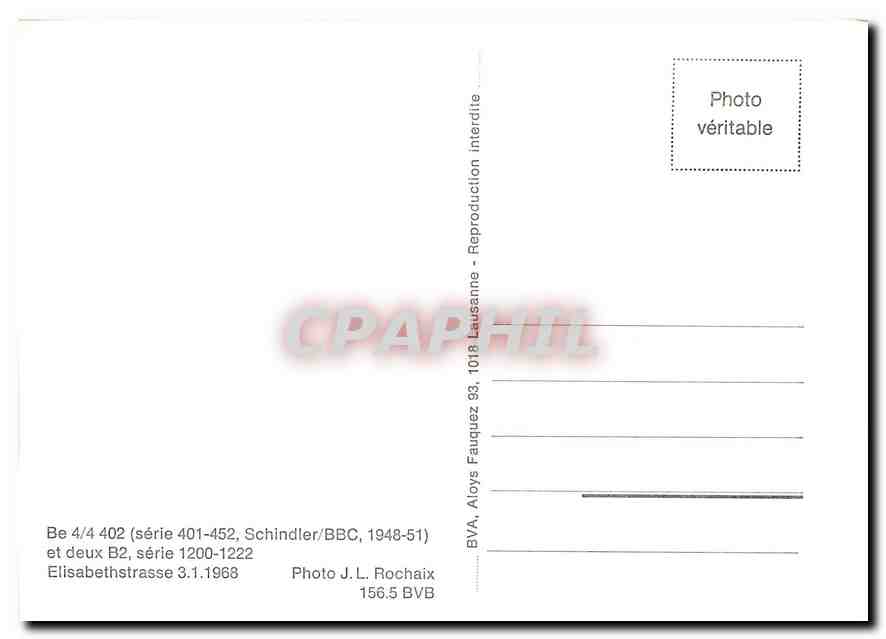 CPM Be 4/4 402 et deux B2 serie 1200-1222 Elisabethstrasse 3.1.1968 — Verso