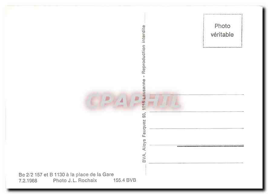 CPM Be 2/2 157 et B 1130 a la place de la Gare 7.2.1968 — Verso