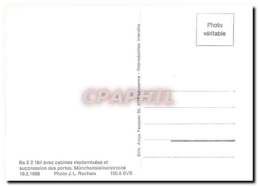 CPM Be 2/2 184 avec cabines modernisees et suppression des portes. Muenchensteinerstrasse 19.2.1968 — Verso